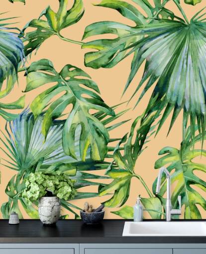 papel pintado de hojas de palma verde melocotón