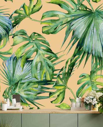 papel de parede de folhas de palmeira verde pêssego