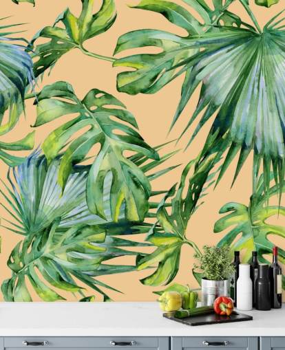 peach toned green palm leaves wallpaper