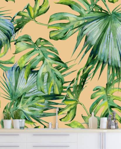 peach toned green palm leaves wallpaper