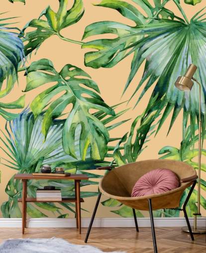 peach toned green palm leaves wallpaper
