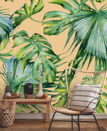 perzikkleurige groene palmbladeren behang