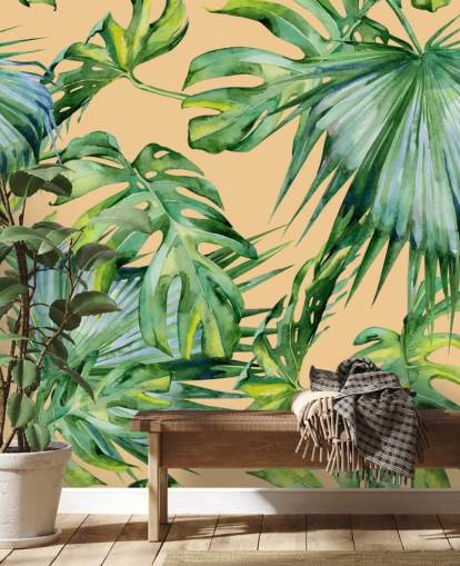 peach toned green palm leaves wallpaper