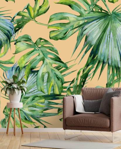 perzikkleurige groene palmbladeren behang