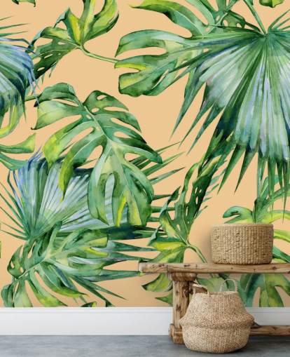 peach toned green palm leaves wallpaper
