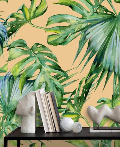 peach toned green palm leaves wallpaper