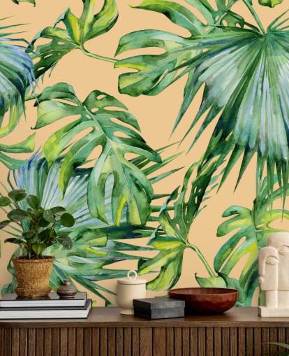 peach toned green palm leaves wallpaper