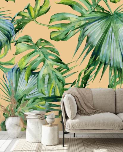 peach toned green palm leaves wallpaper