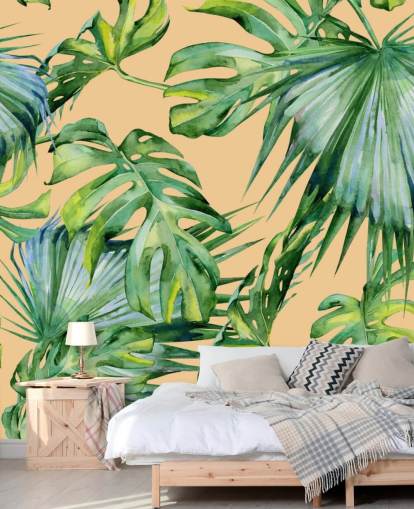 peach toned green palm leaves wallpaper