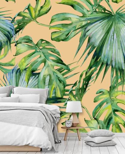 peach toned green palm leaves wallpaper peach toned green palm leaves wallpaper