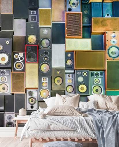 musik tapeter väggmålning som heter Retro Speakers för sovrum, barer, arenor och skolor