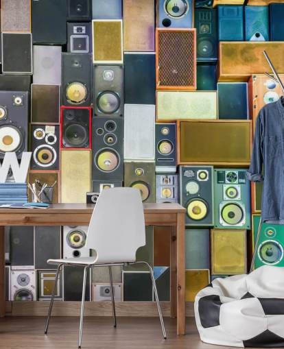 musiikkitapetti seinämaalaus nimeltä Retro Speakers makuuhuoneisiin, baareihin, tapahtumapaikkoihin ja kouluihin