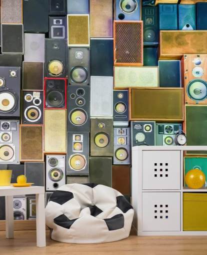 musiikkitapetti seinämaalaus nimeltä Retro Speakers makuuhuoneisiin, baareihin, tapahtumapaikkoihin ja kouluihin