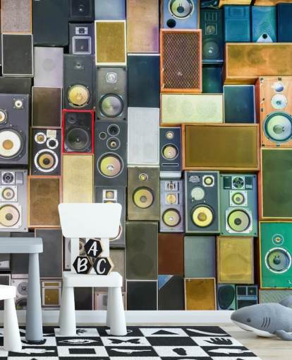 carta da parati musicale chiamata Retro Speakers per camere da letto, bar, locali e scuole