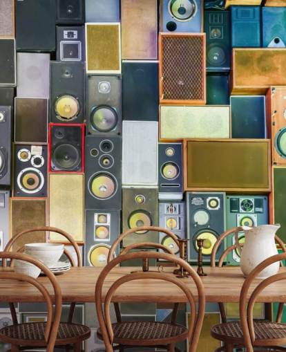 carta da parati musicale chiamata Retro Speakers per camere da letto, bar, locali e scuole