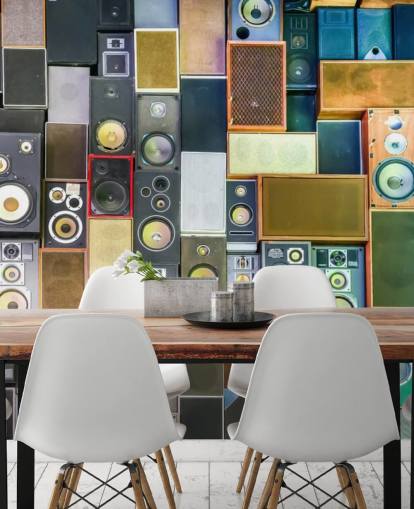 mural de papel pintado musical llamado Retro Speakers para dormitorios, bares, locales y escuelas
