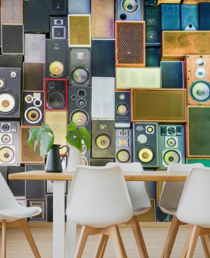 muziekbehang muurschildering genaamd Retro Speakers voor slaapkamers, bars, locaties en scholen muziekbehang muurschildering genaamd Retro Speakers voor slaapkamers, bars, locaties en scholen