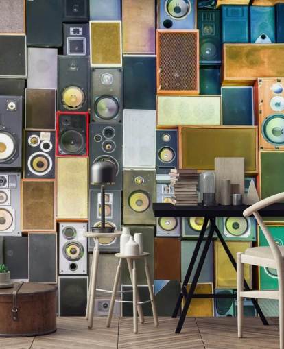 mural de papel pintado musical llamado Retro Speakers para dormitorios, bares, locales y escuelas
