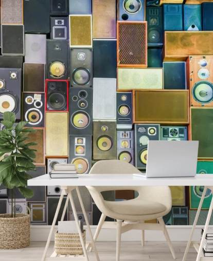 muziekbehang muurschildering genaamd Retro Speakers voor slaapkamers, bars, locaties en scholen