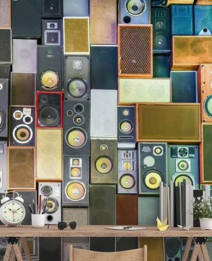 carta da parati musicale chiamata Retro Speakers per camere da letto, bar, locali e scuole