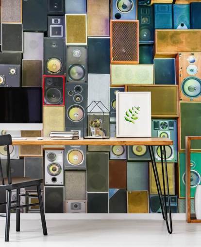 mural de papel pintado musical llamado Retro Speakers para dormitorios, bares, locales y escuelas