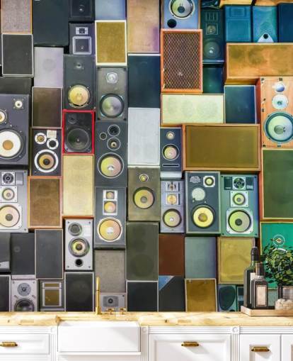 muziekbehang muurschildering genaamd Retro Speakers voor slaapkamers, bars, locaties en scholen