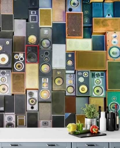 mural de papel pintado musical llamado Retro Speakers para dormitorios, bares, locales y escuelas