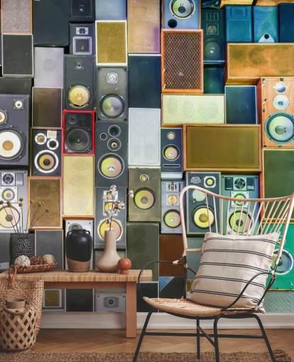 papier peint mural musical appelé Retro Speakers pour les chambres, les bars, les salles et les écoles
