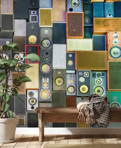 papier peint mural musical appelé Retro Speakers pour les chambres, les bars, les salles et les écoles