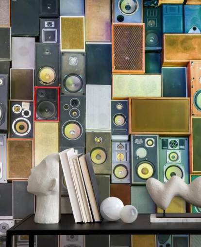 mural de papel pintado musical llamado Retro Speakers para dormitorios, bares, locales y escuelas