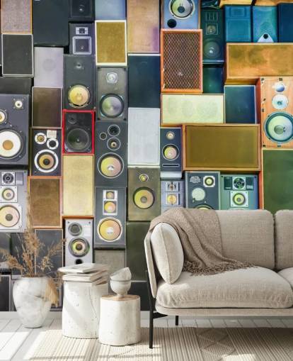 Musiktapete mit dem Titel Retro Speakers für Schlafzimmer, Bars, Veranstaltungsorte und Schulen