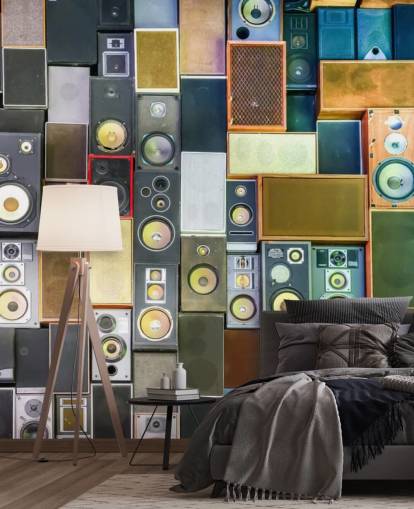 carta da parati musicale chiamata Retro Speakers per camere da letto, bar, locali e scuole