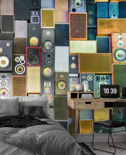musiikkitapetti seinämaalaus nimeltä Retro Speakers makuuhuoneisiin, baareihin, tapahtumapaikkoihin ja kouluihin musiikkitapetti seinämaalaus nimeltä Retro Speakers makuuhuoneisiin, baareihin, tapahtumapaikkoihin ja kouluihin