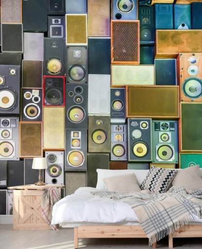 mural de papel pintado musical llamado Retro Speakers para dormitorios, bares, locales y escuelas mural de papel pintado musical llamado Retro Speakers para dormitorios, bares, locales y escuelas