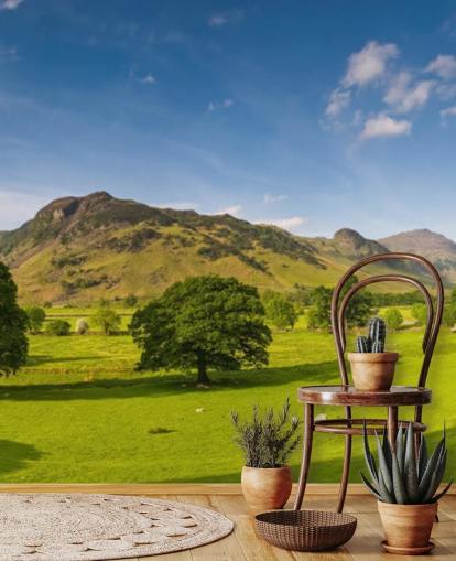 Lake District grønne marker og blå himmel vægmaleri