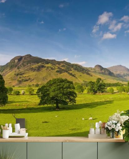 Lake District gröna fält och blå himmel väggmålning