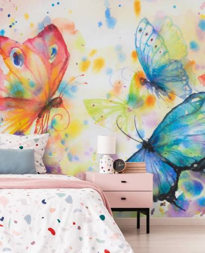 carta da parati murale con farfalle colorate chiamata Flying Butterflies per le camerette dei bambini