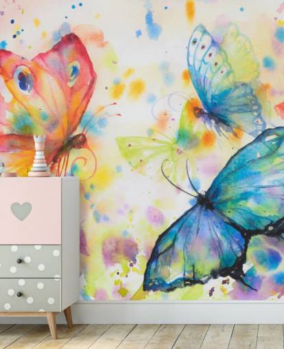 carta da parati murale con farfalle colorate chiamata Flying Butterflies per le camerette dei bambini