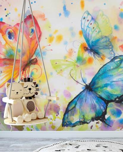 carta da parati murale con farfalle colorate chiamata Flying Butterflies per le camerette dei bambini