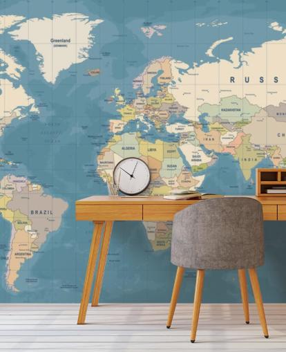 mural de papel pintado de mapa del mundo personalizable llamado Mural del Mapa del Mundo para dormitorios