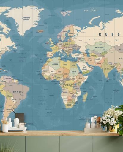 mural de papel pintado de mapa del mundo personalizable llamado Mural del Mapa del Mundo para dormitorios