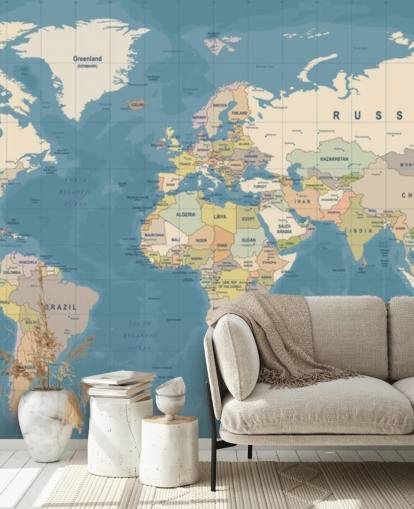 customizable world map wallpaper mural called Map of the World Mural for bedrooms