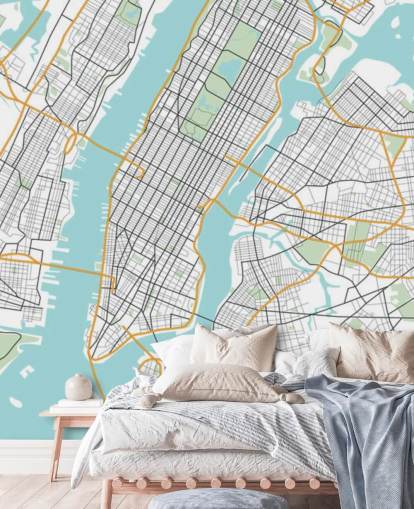 blå och vit new york city tapetväggmålning kallad New York City Map blå och vit new york city tapetväggmålning kallad New York City Map