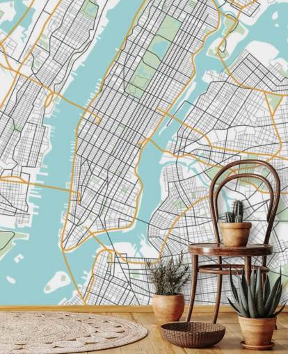 mural de papel pintado azul y blanco de la ciudad de Nueva York llamado Mapa de la ciudad de Nueva York