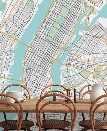 blauw-witte muurschildering van New York City genaamd New York City Map
