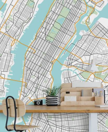 mural de papel de parede azul e branco da cidade de Nova York chamado Mapa da Cidade de Nova York
