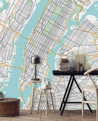 blue and white new york city wallpaper mural called New York City Map