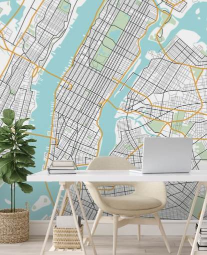mural de papel pintado azul y blanco de la ciudad de Nueva York llamado Mapa de la ciudad de Nueva York