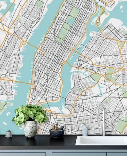 blue and white new york city wallpaper mural called New York City Map