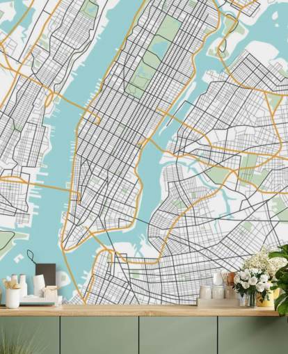 blue and white new york city wallpaper mural called New York City Map